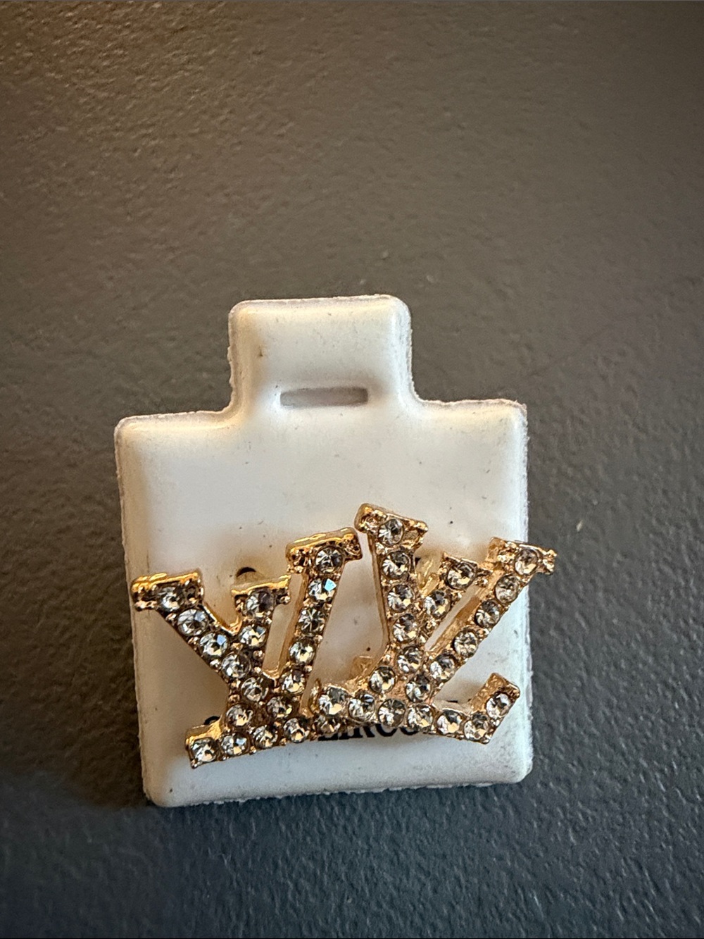 Gold Tone LV Cubic Zirconia Stud Earrings Sparkly Monogram Style